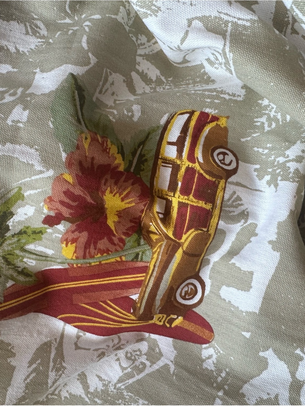 Hawaiian DesignBeige Shower Curtain with Red and Gold Retro Car and Surf Boards.